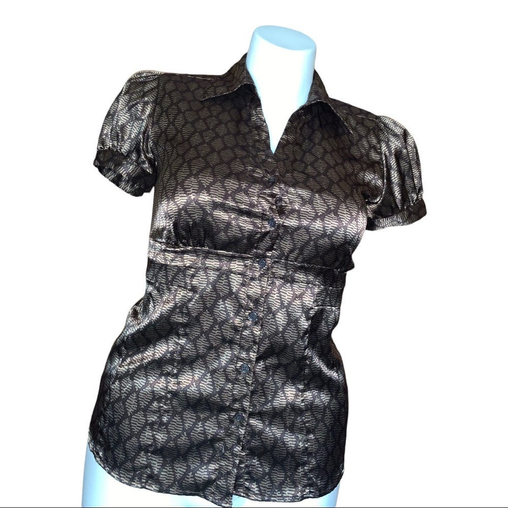 APT.9 Brown Metallic Button Front Blouse Puff Sleeve Size M Top